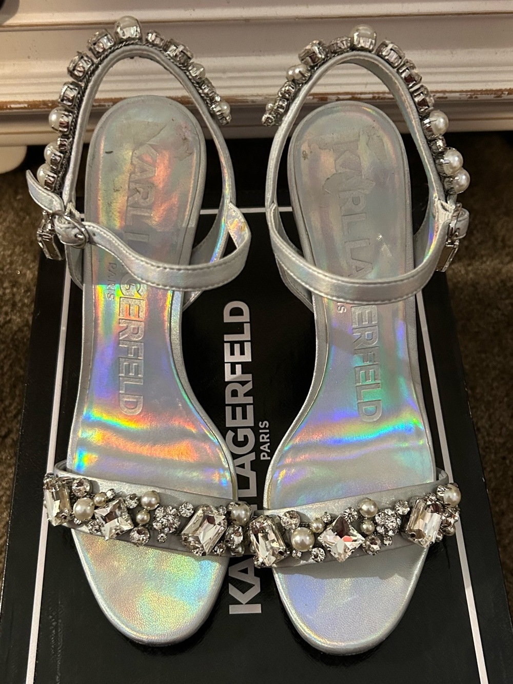 Karl Lagerfeld Holographic Silver Crystal Strap Heels